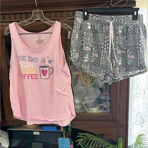 Secret Treasures Pink Coffee Tank and Gray Floral Shorts Set